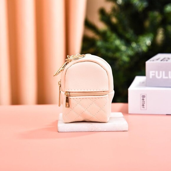 Women's Mini Tan Zipper Pouch Leather Cute Cosmetic Key Chains Keyrings Bag - Picture 5 of 8